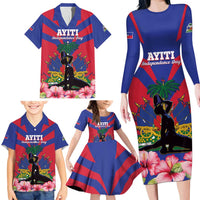 Personalised Haiti Independence Day Family Matching Long Sleeve Bodycon Dress and Hawaiian Shirt Neg Marron Flag Map - Wonder Print Shop