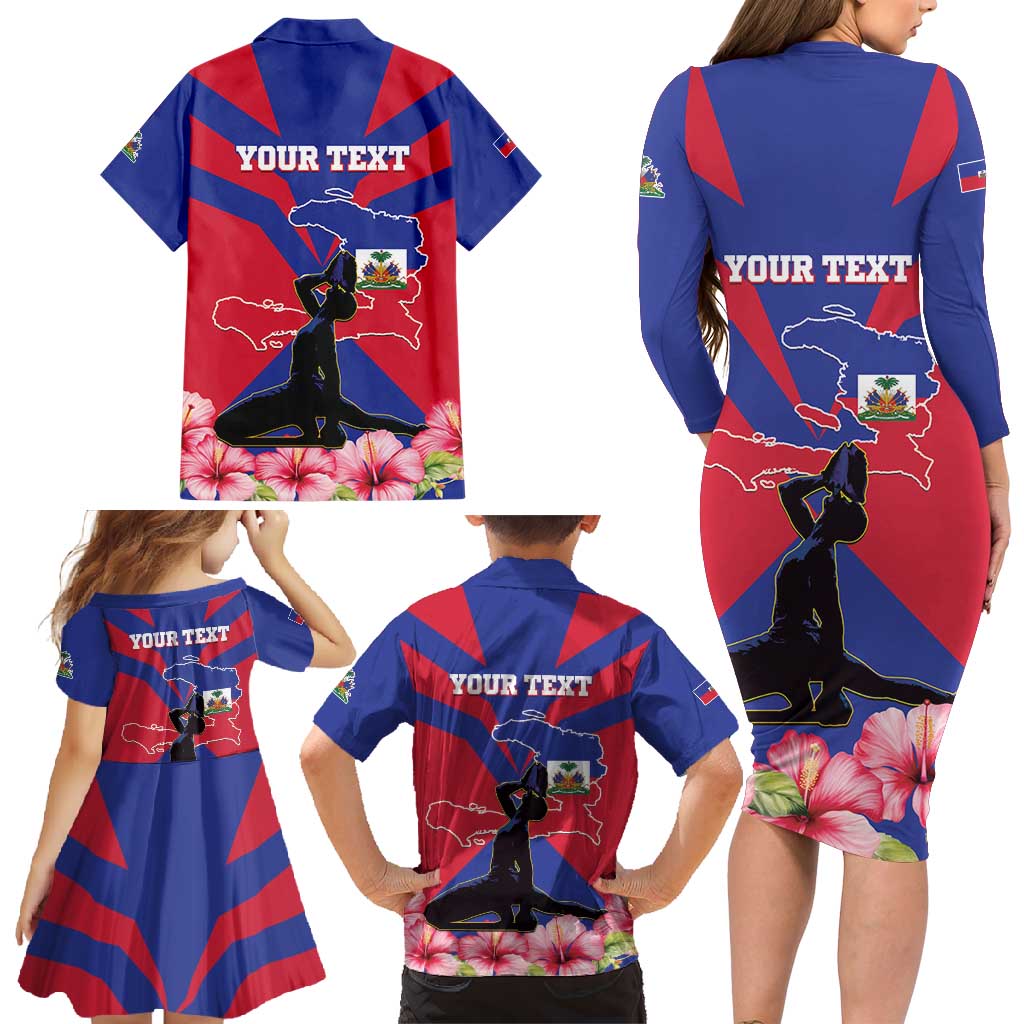 Personalised Haiti Independence Day Family Matching Long Sleeve Bodycon Dress and Hawaiian Shirt Neg Marron Flag Map - Wonder Print Shop