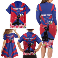 Personalised Haiti Independence Day Family Matching Long Sleeve Bodycon Dress and Hawaiian Shirt Neg Marron Flag Map - Wonder Print Shop