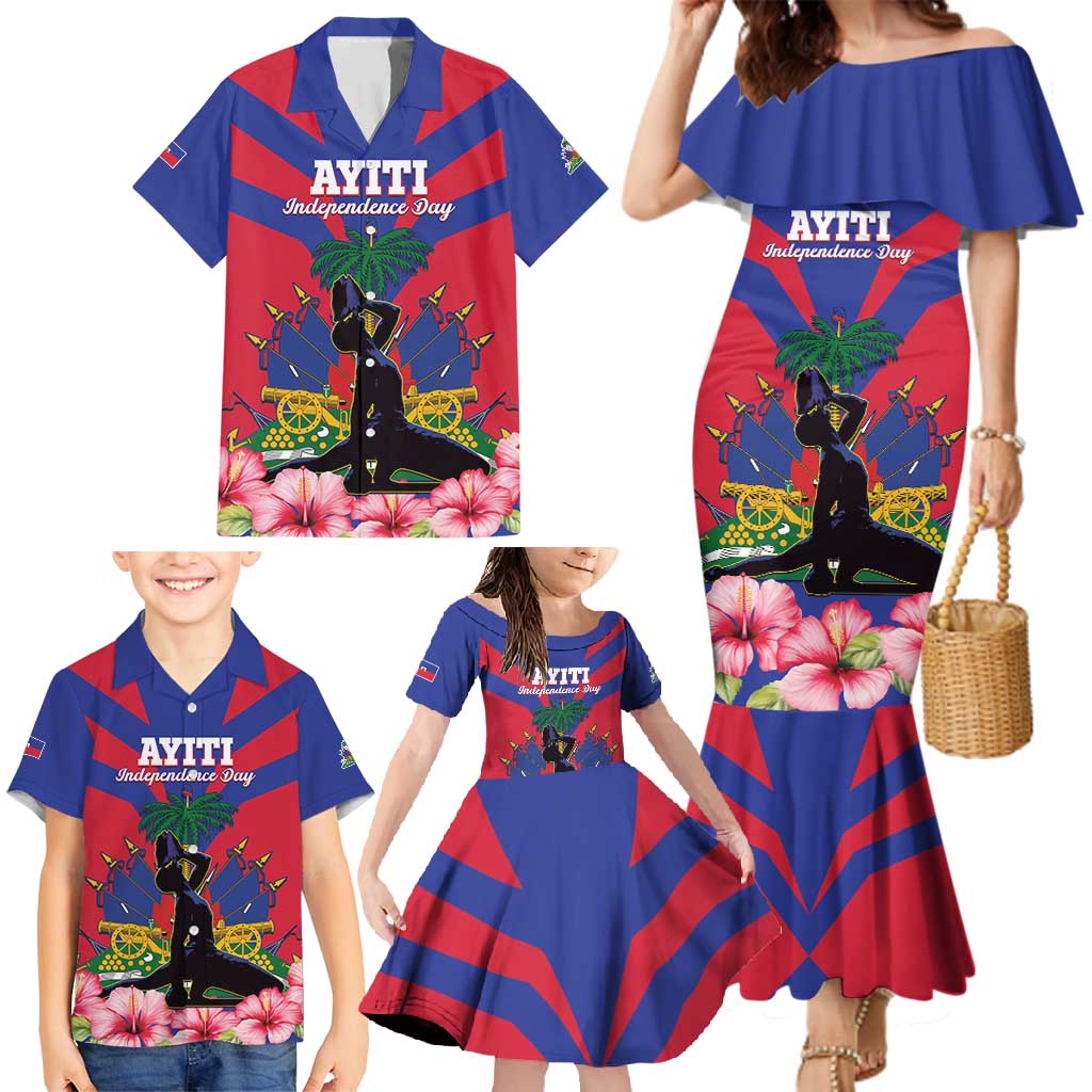 Personalised Haiti Independence Day Family Matching Mermaid Dress and Hawaiian Shirt Neg Marron Flag Map - Wonder Print Shop
