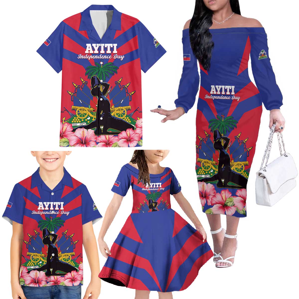 Personalised Haiti Independence Day Family Matching Off The Shoulder Long Sleeve Dress and Hawaiian Shirt Neg Marron Flag Map - Wonder Print Shop