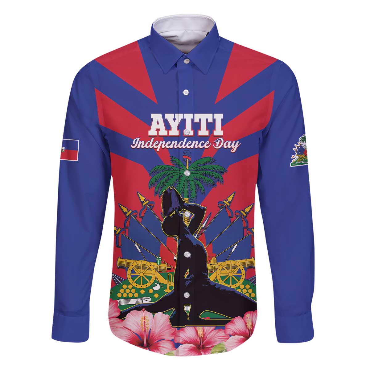 Personalised Haiti Independence Day Family Matching Off The Shoulder Long Sleeve Dress and Hawaiian Shirt Neg Marron Flag Map - Wonder Print Shop