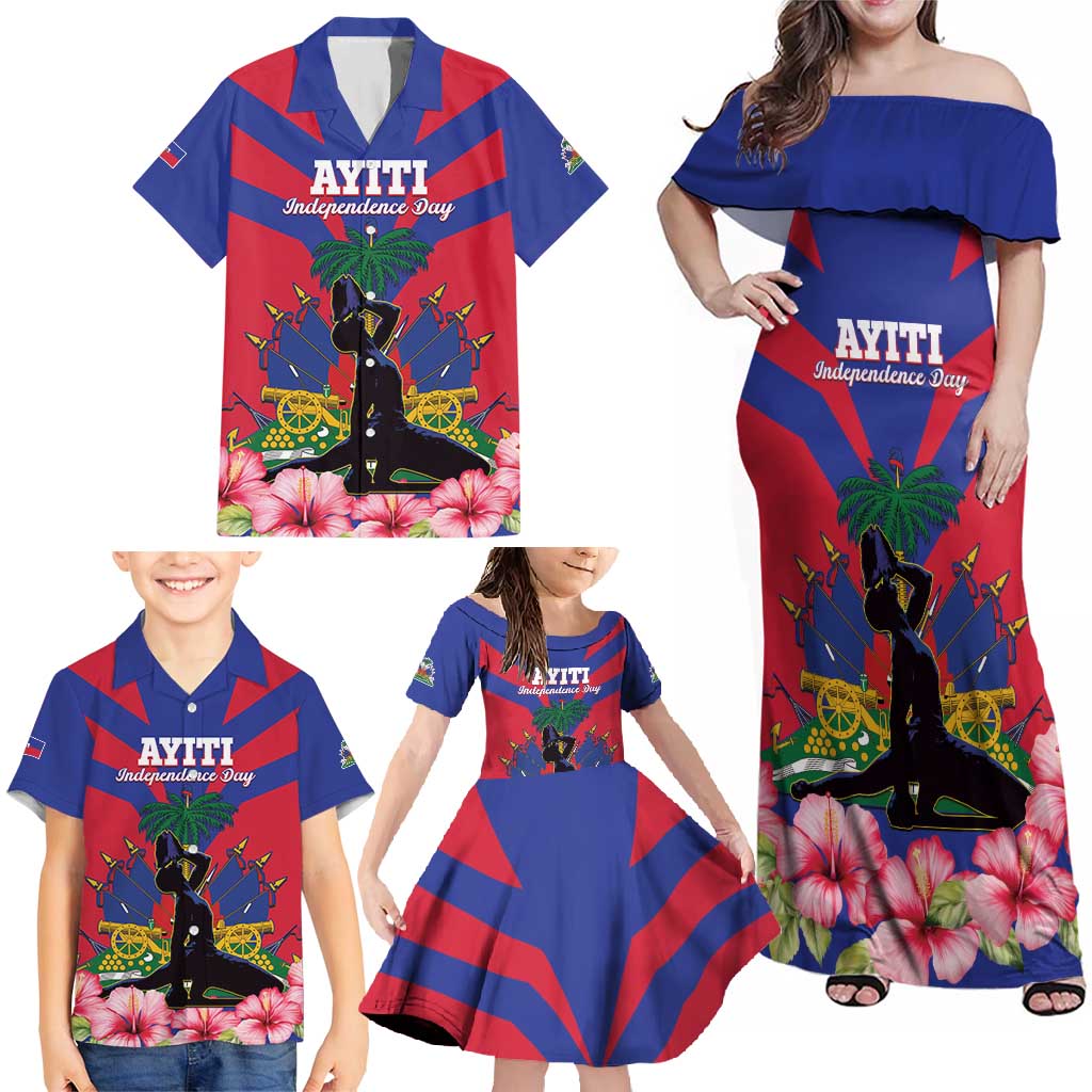 Personalised Haiti Independence Day Family Matching Off Shoulder Maxi Dress and Hawaiian Shirt Neg Marron Flag Map - Wonder Print Shop