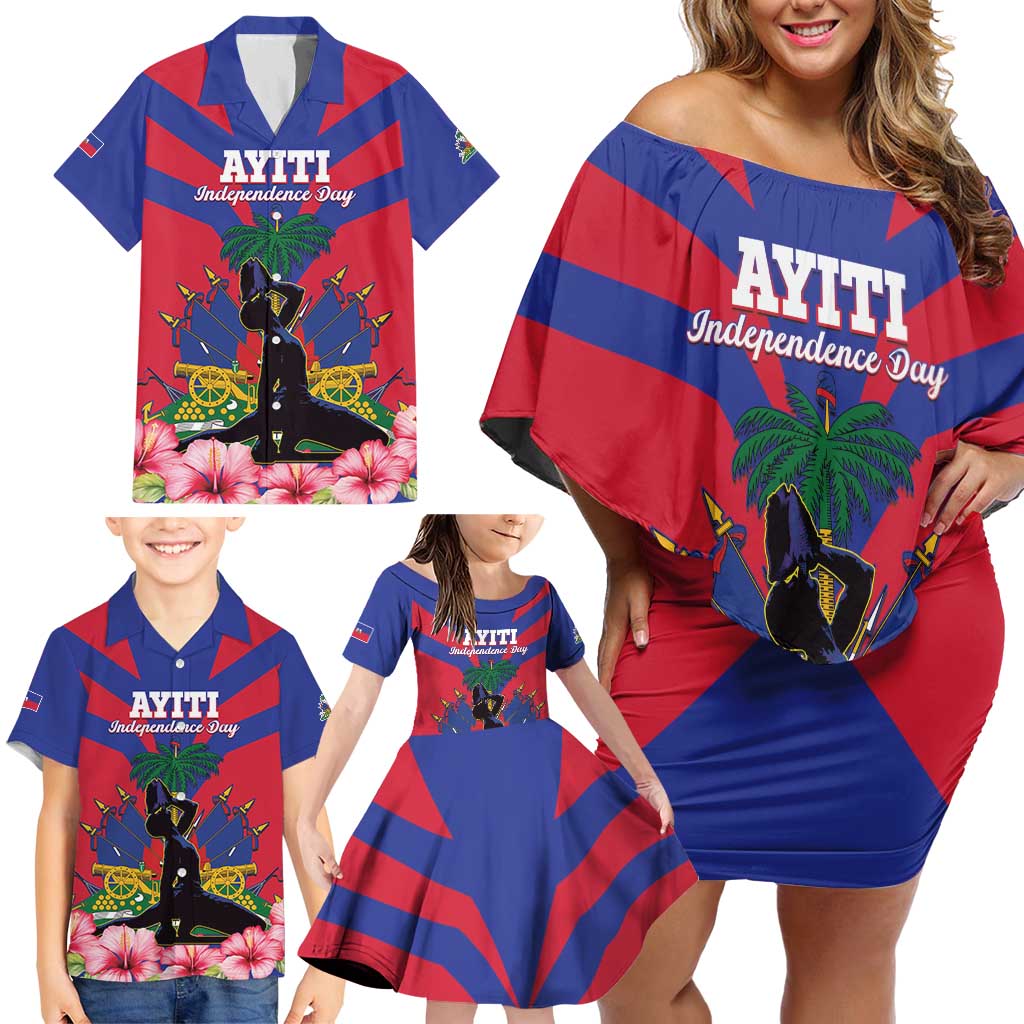 Personalised Haiti Independence Day Family Matching Off Shoulder Short Dress and Hawaiian Shirt Neg Marron Flag Map - Wonder Print Shop