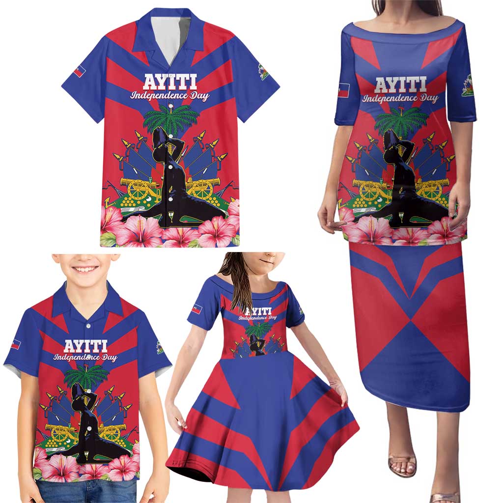 Personalised Haiti Independence Day Family Matching Puletasi and Hawaiian Shirt Neg Marron Flag Map - Wonder Print Shop
