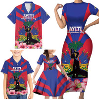 Personalised Haiti Independence Day Family Matching Short Sleeve Bodycon Dress and Hawaiian Shirt Neg Marron Flag Map - Wonder Print Shop