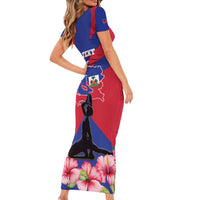 Personalised Haiti Independence Day Family Matching Short Sleeve Bodycon Dress and Hawaiian Shirt Neg Marron Flag Map - Wonder Print Shop
