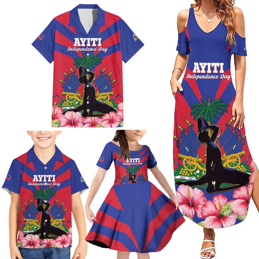 Personalised Haiti Independence Day Family Matching Summer Maxi Dress and Hawaiian Shirt Neg Marron Flag Map - Wonder Print Shop