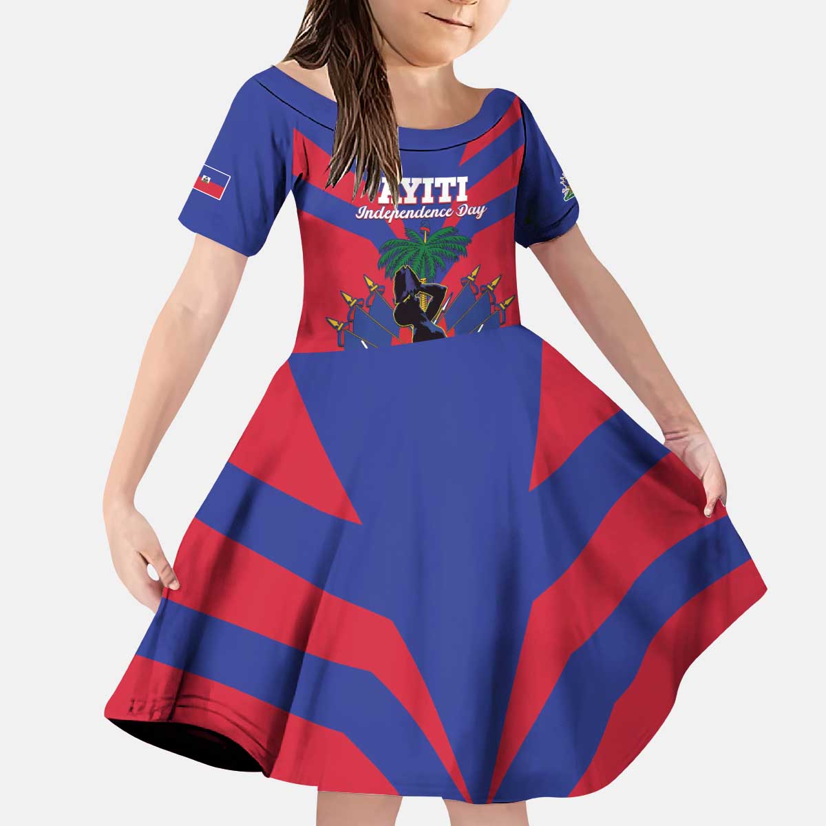 Personalised Haiti Independence Day Kid Short Sleeve Dress Neg Marron Flag Map - Wonder Print Shop