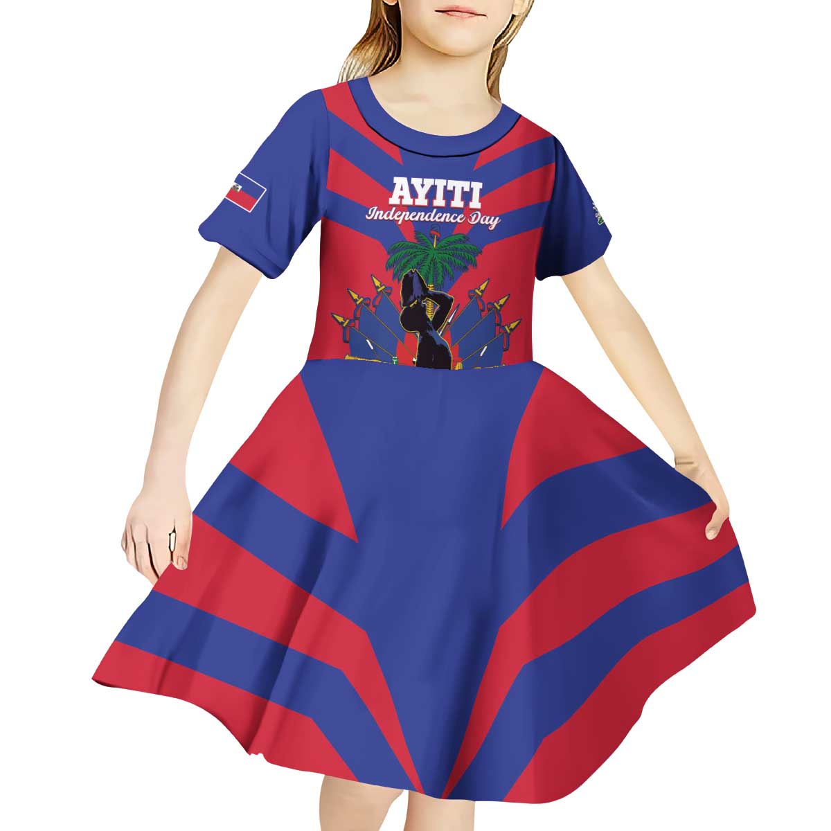 Personalised Haiti Independence Day Kid Short Sleeve Dress Neg Marron Flag Map - Wonder Print Shop
