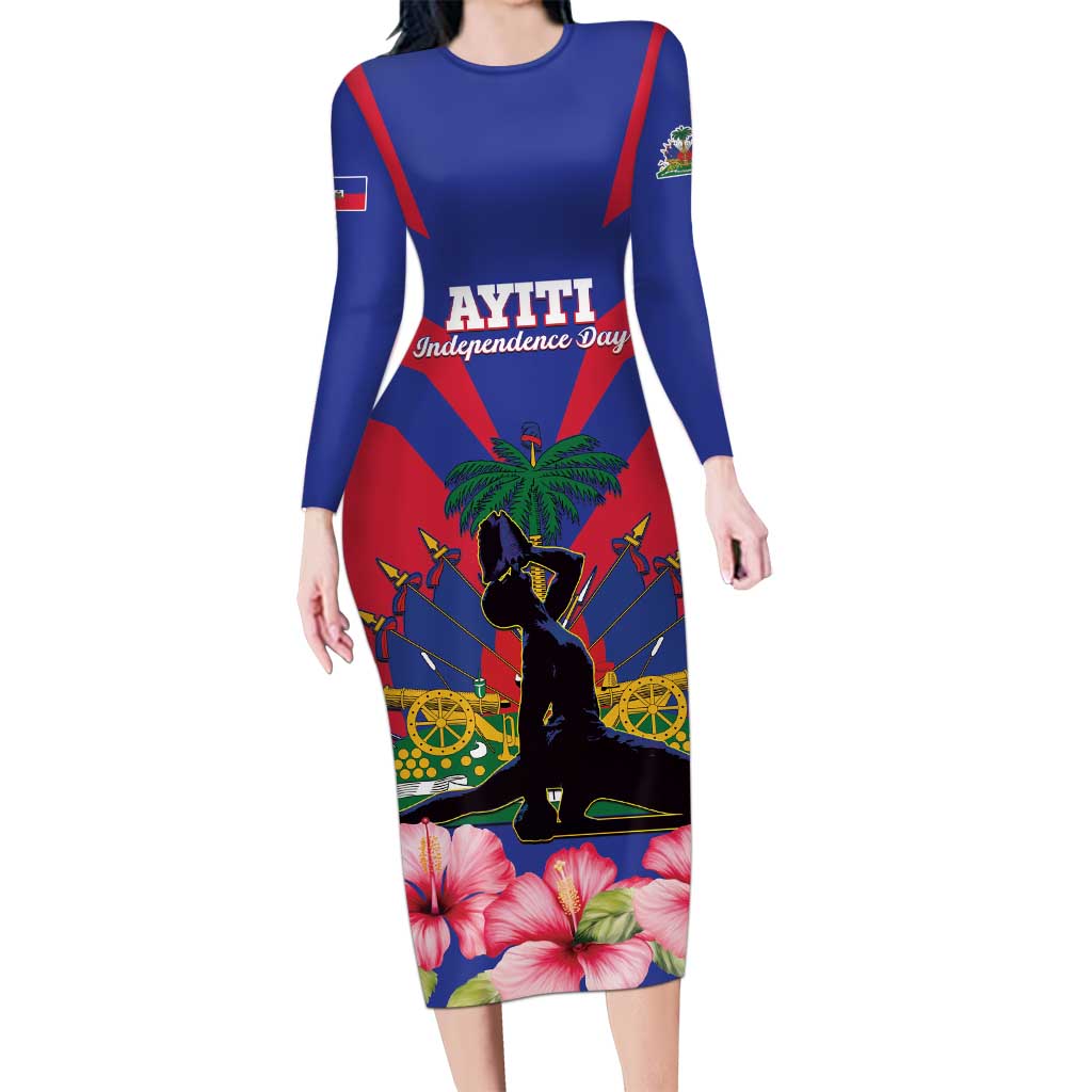 Personalised Haiti Independence Day Long Sleeve Bodycon Dress Neg Marron Flag Map - Wonder Print Shop