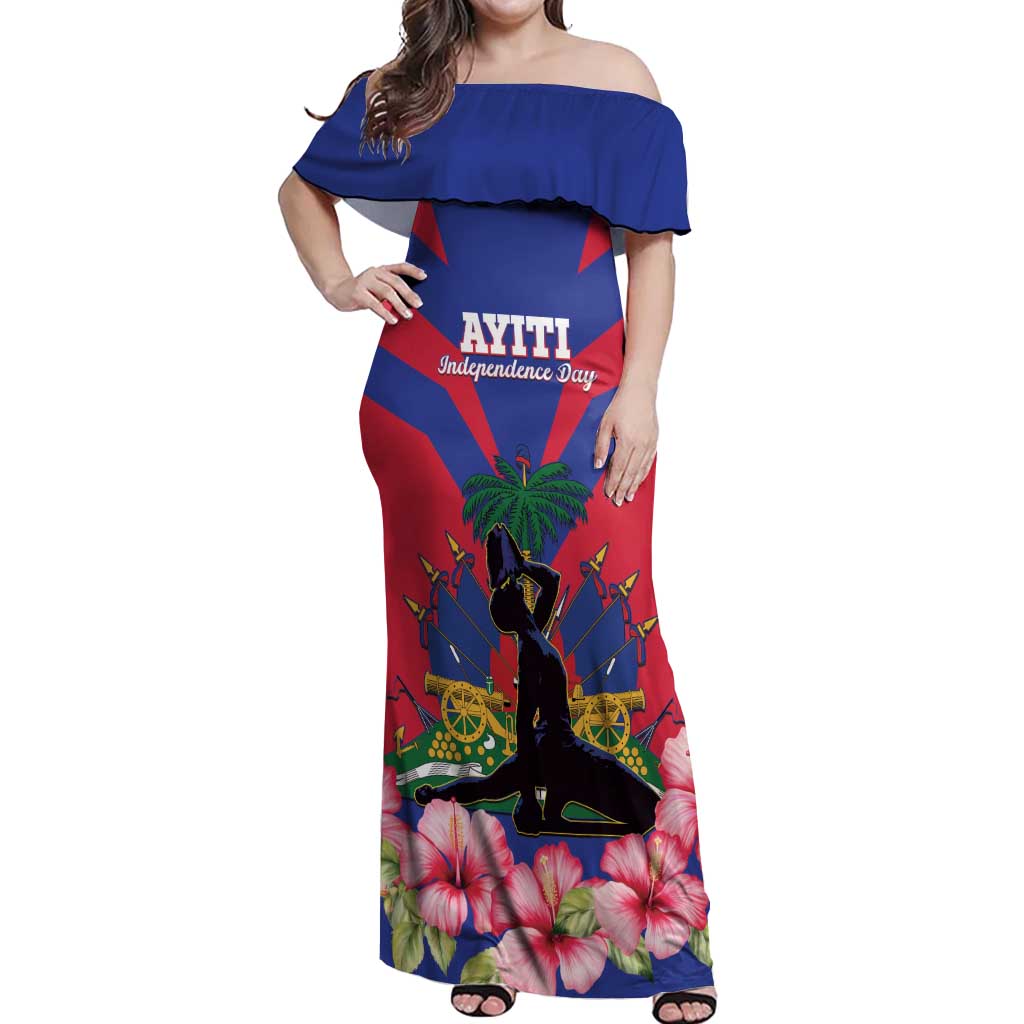 Personalised Haiti Independence Day Off Shoulder Maxi Dress Neg Marron Flag Map - Wonder Print Shop