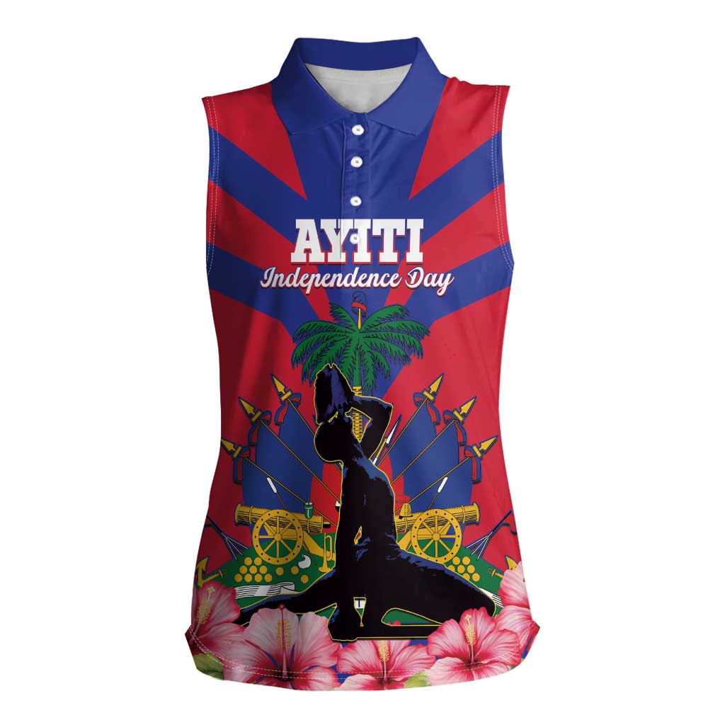 Personalised Haiti Independence Day Women Sleeveless Polo Shirt Neg Marron Flag Map - Wonder Print Shop