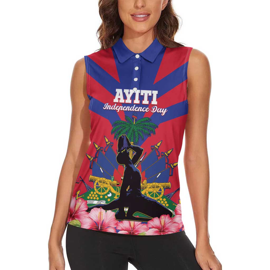 Personalised Haiti Independence Day Women Sleeveless Polo Shirt Neg Marron Flag Map - Wonder Print Shop