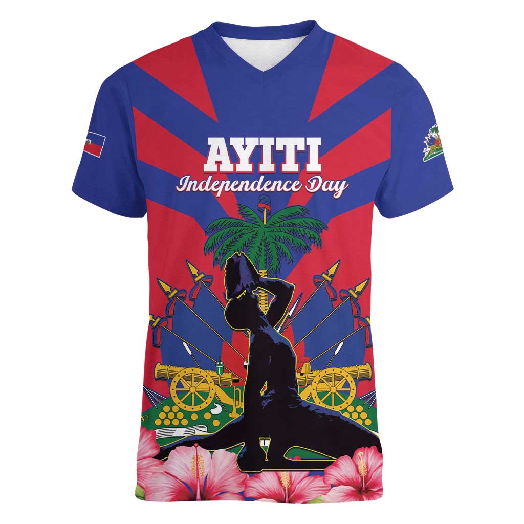 Personalised Haiti Independence Day Women V-Neck T-Shirt Neg Marron Flag Map - Wonder Print Shop