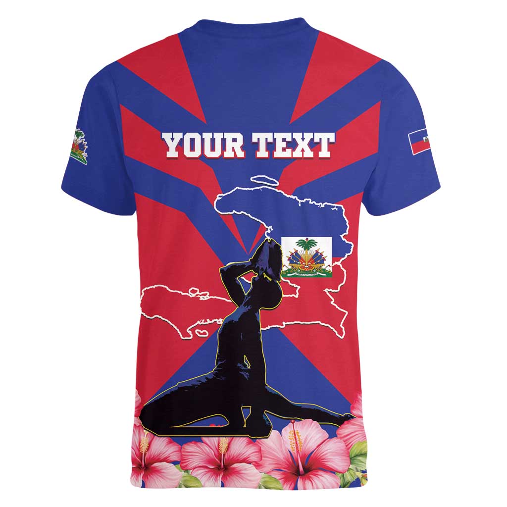 Personalised Haiti Independence Day Women V-Neck T-Shirt Neg Marron Flag Map - Wonder Print Shop