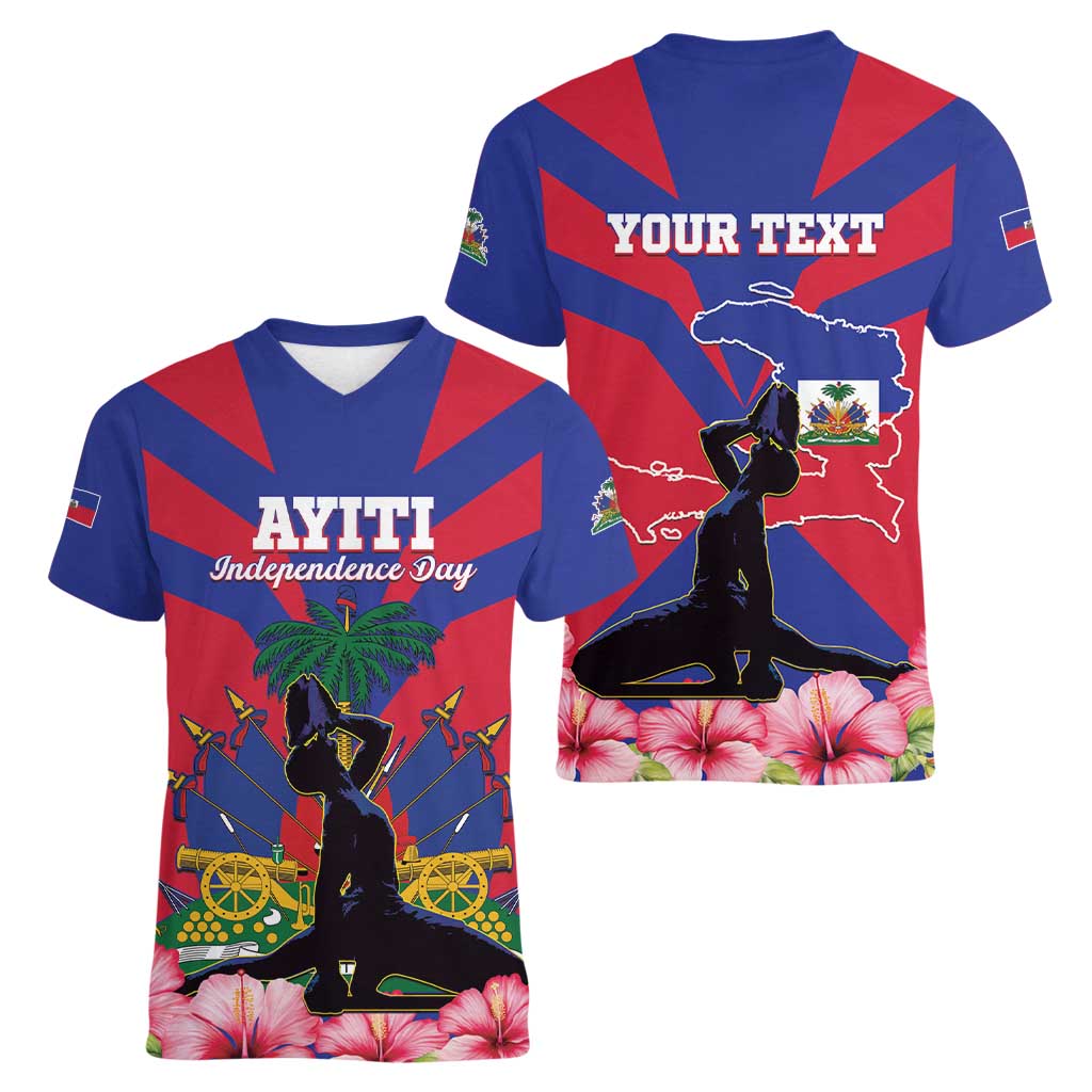 Personalised Haiti Independence Day Women V-Neck T-Shirt Neg Marron Flag Map - Wonder Print Shop