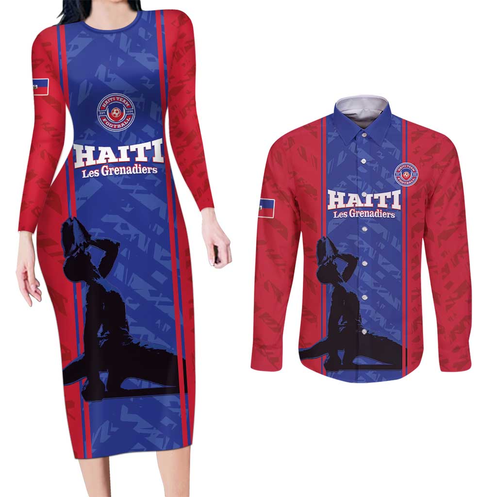 Custom Haiti Football Couples Matching Long Sleeve Bodycon Dress and Long Sleeve Button Shirt Go Les Grenadiers - Wonder Print Shop