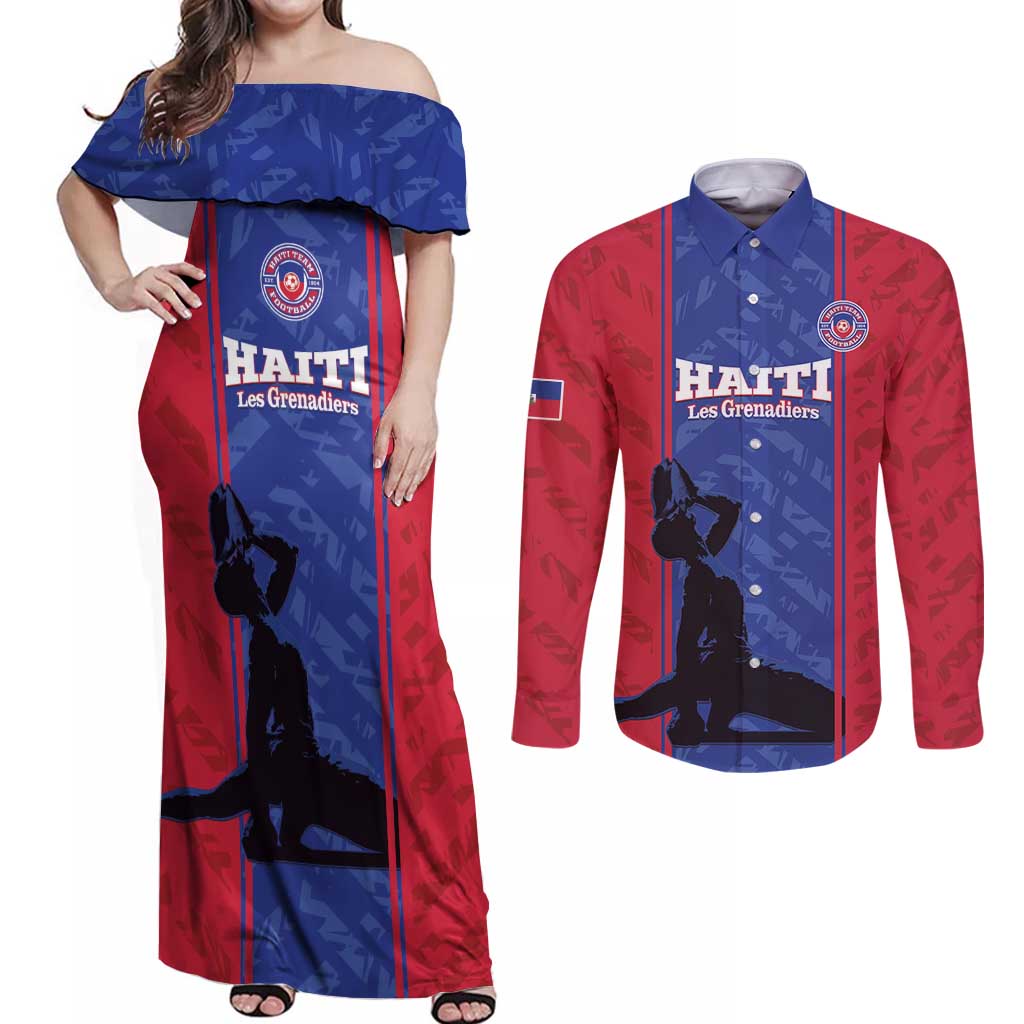 Custom Haiti Football Couples Matching Off Shoulder Maxi Dress and Long Sleeve Button Shirt Go Les Grenadiers - Wonder Print Shop
