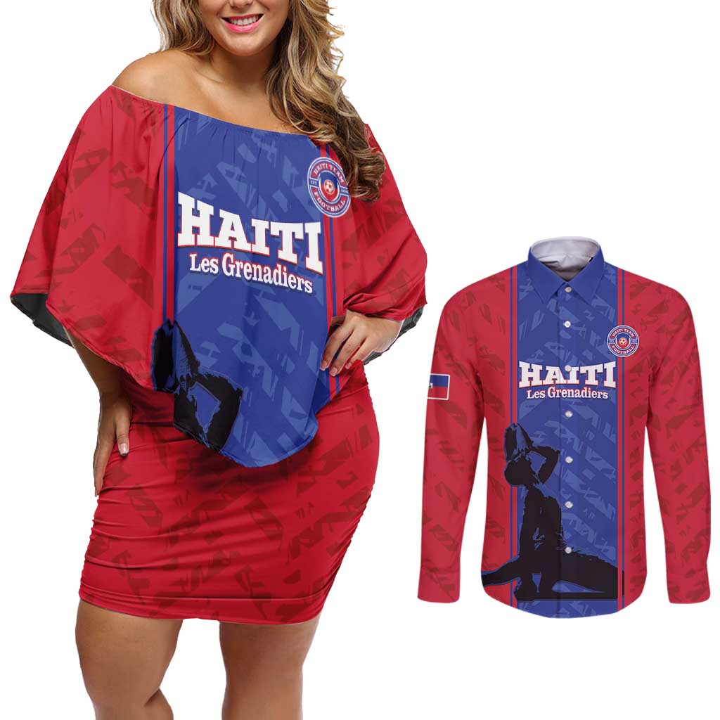 Custom Haiti Football Couples Matching Off Shoulder Short Dress and Long Sleeve Button Shirt Go Les Grenadiers - Wonder Print Shop