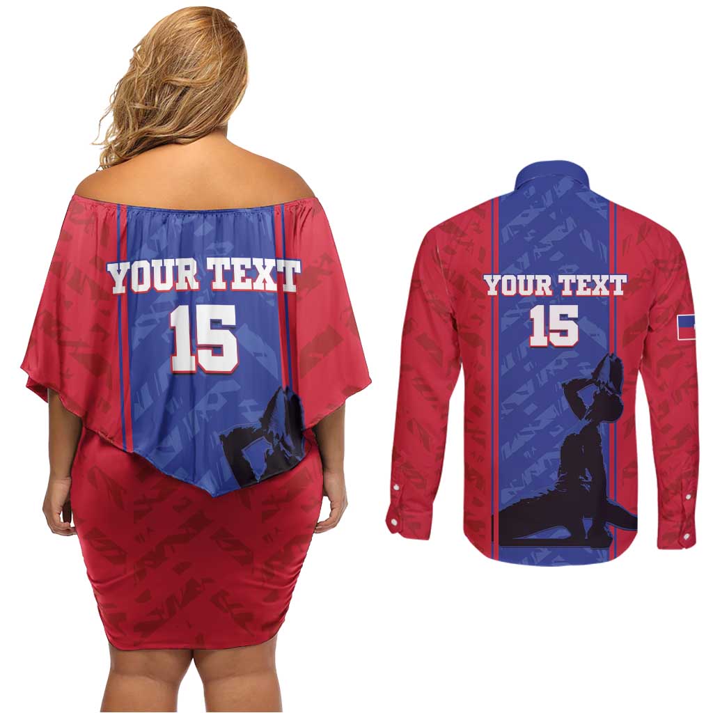 Custom Haiti Football Couples Matching Off Shoulder Short Dress and Long Sleeve Button Shirt Go Les Grenadiers - Wonder Print Shop