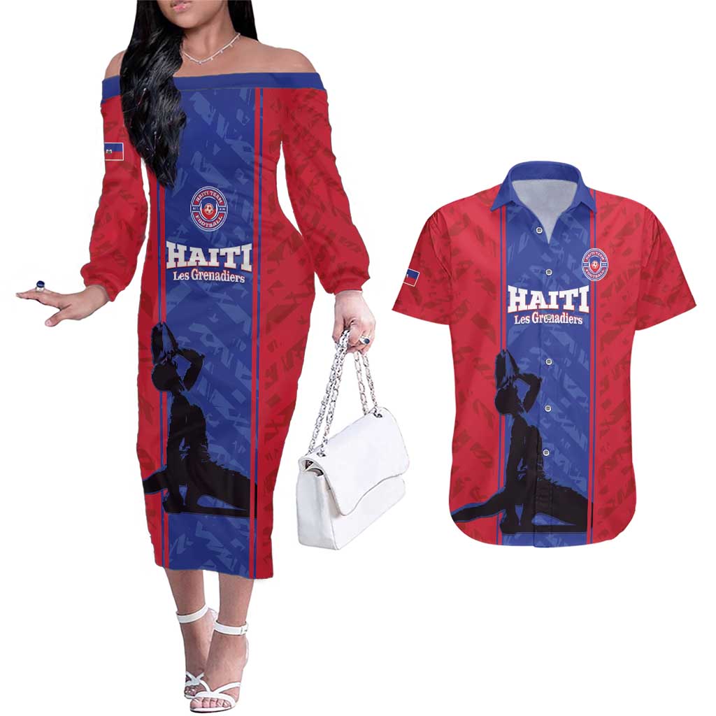 Custom Haiti Football Couples Matching Off The Shoulder Long Sleeve Dress and Hawaiian Shirt Go Les Grenadiers - Wonder Print Shop