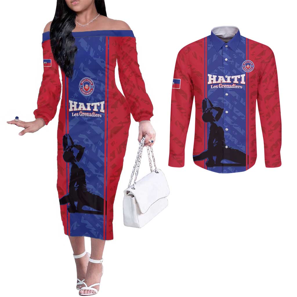 Custom Haiti Football Couples Matching Off The Shoulder Long Sleeve Dress and Long Sleeve Button Shirt Go Les Grenadiers