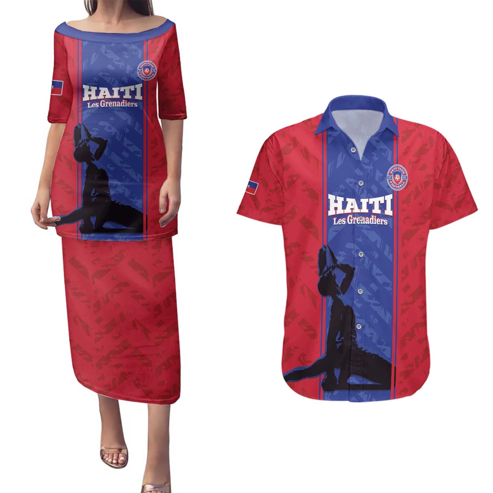 Custom Haiti Football Couples Matching Puletasi and Hawaiian Shirt Go Les Grenadiers - Wonder Print Shop