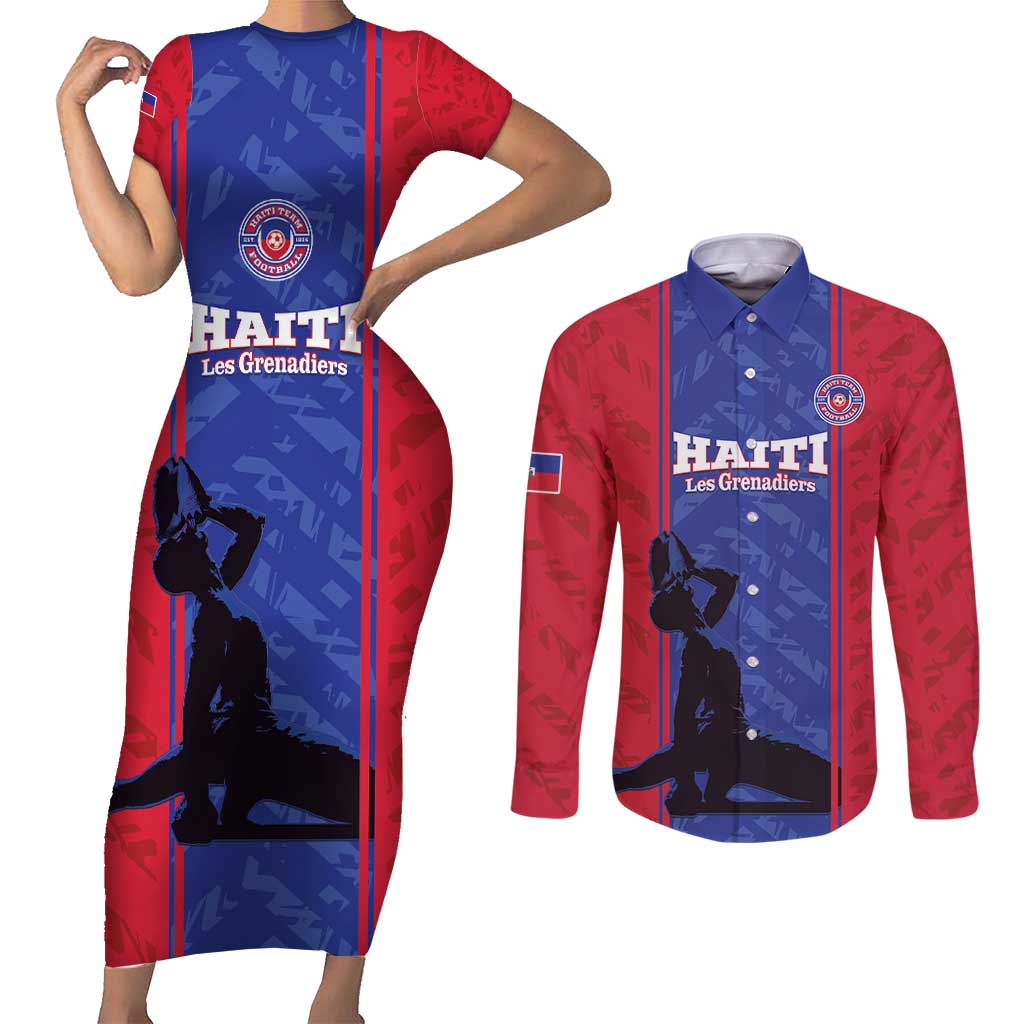 Custom Haiti Football Couples Matching Short Sleeve Bodycon Dress and Long Sleeve Button Shirt Go Les Grenadiers - Wonder Print Shop
