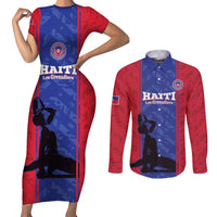 Custom Haiti Football Couples Matching Short Sleeve Bodycon Dress and Long Sleeve Button Shirt Go Les Grenadiers - Wonder Print Shop