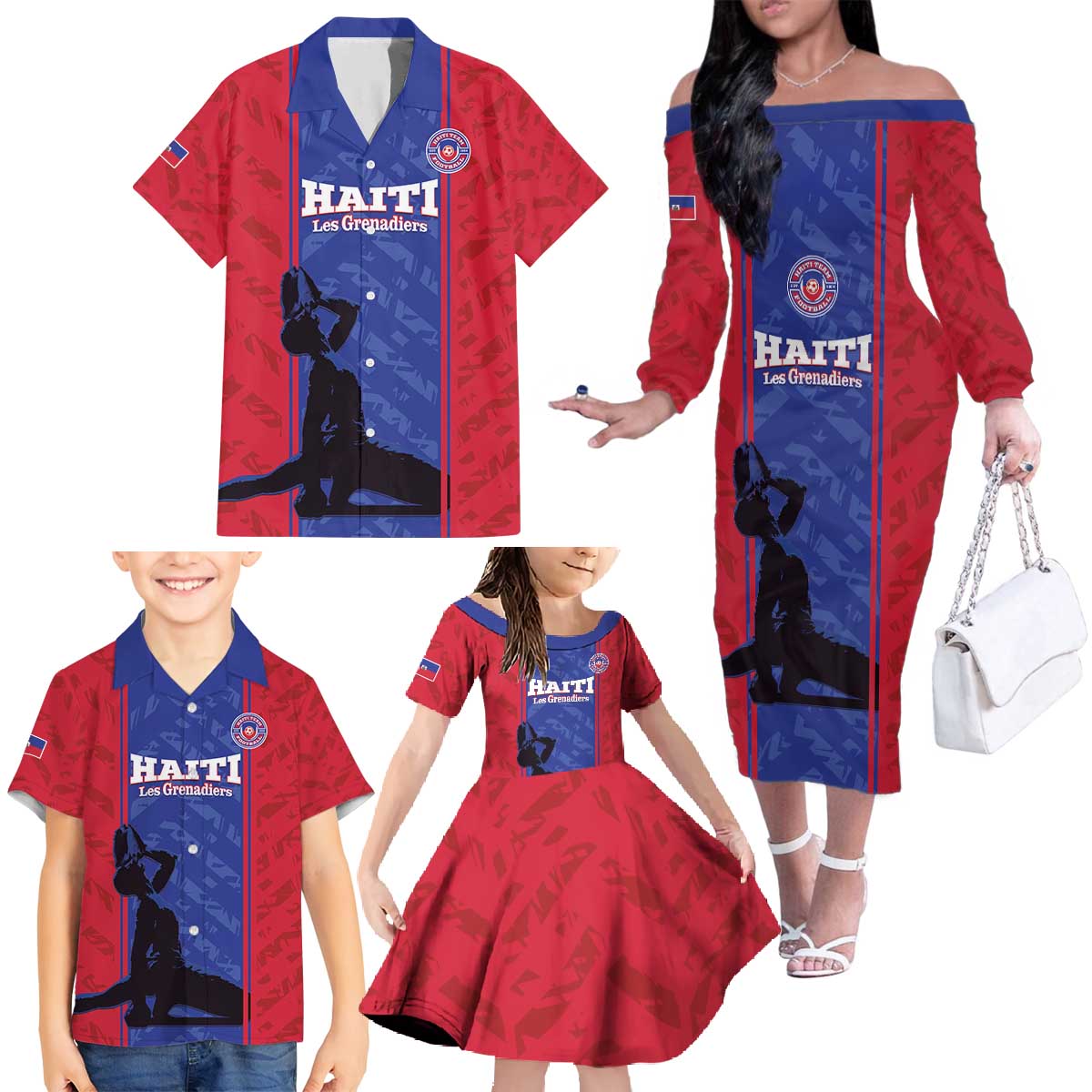 Custom Haiti Football Family Matching Off The Shoulder Long Sleeve Dress and Hawaiian Shirt Go Les Grenadiers - Wonder Print Shop
