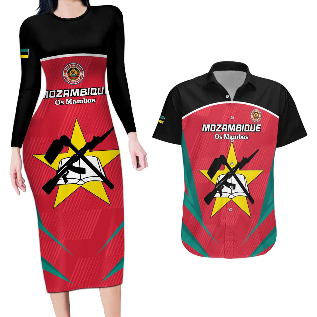 Custom Mozambique Football Couples Matching Long Sleeve Bodycon Dress and Hawaiian Shirt Go Os Mambas - Wonder Print Shop