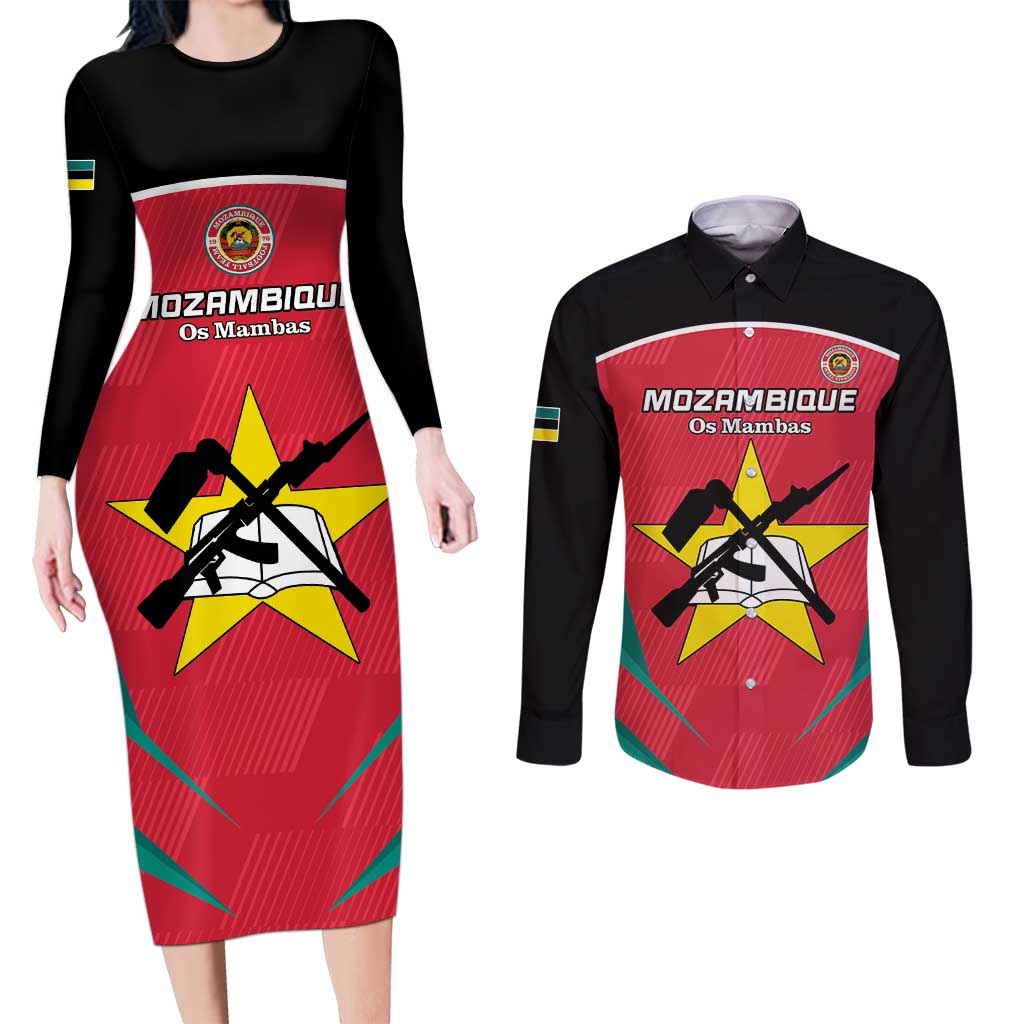 Custom Mozambique Football Couples Matching Long Sleeve Bodycon Dress and Long Sleeve Button Shirt Go Os Mambas - Wonder Print Shop
