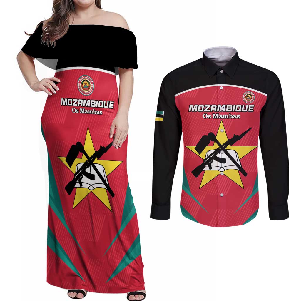 Custom Mozambique Football Couples Matching Off Shoulder Maxi Dress and Long Sleeve Button Shirt Go Os Mambas - Wonder Print Shop