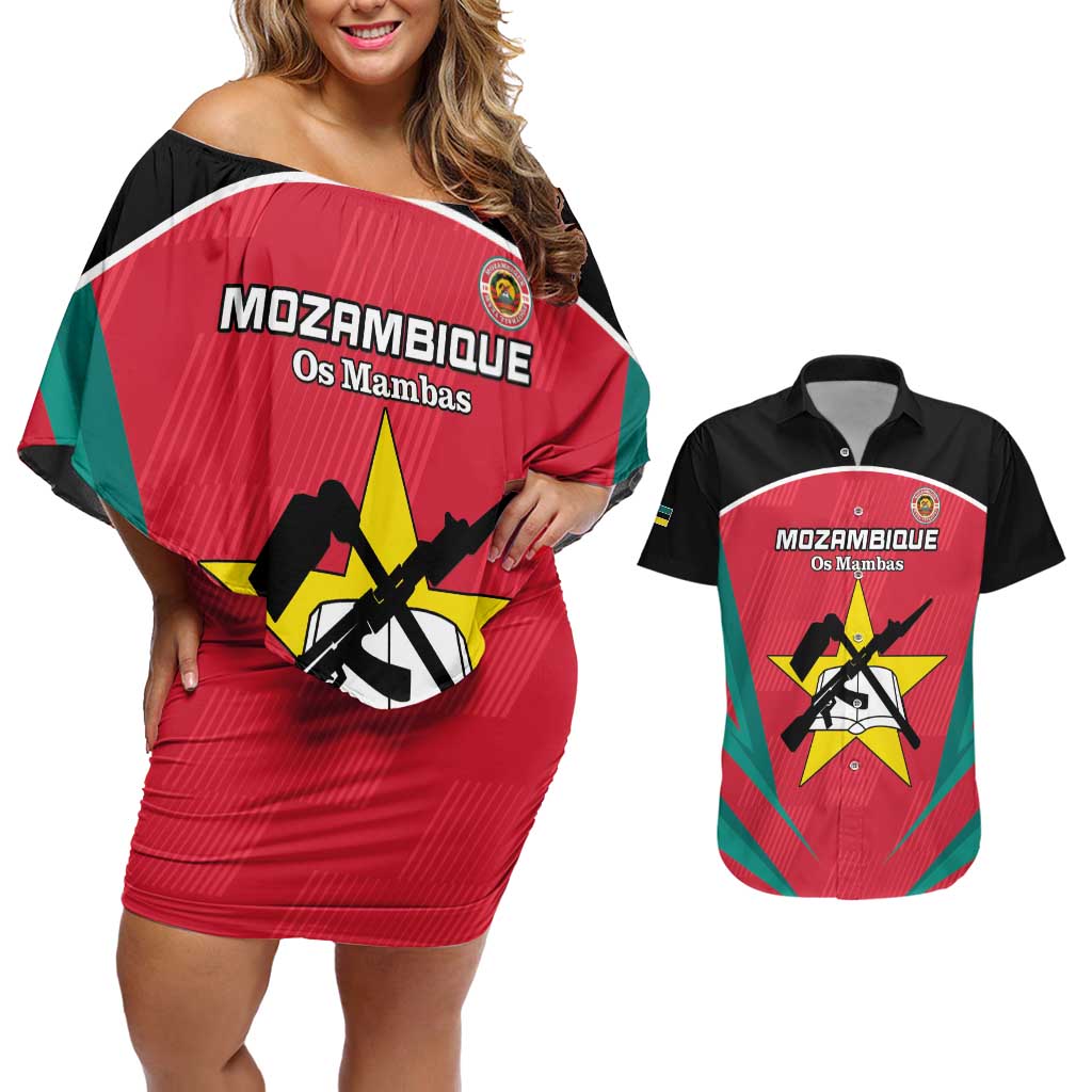 Custom Mozambique Football Couples Matching Off Shoulder Short Dress and Hawaiian Shirt Go Os Mambas - Wonder Print Shop