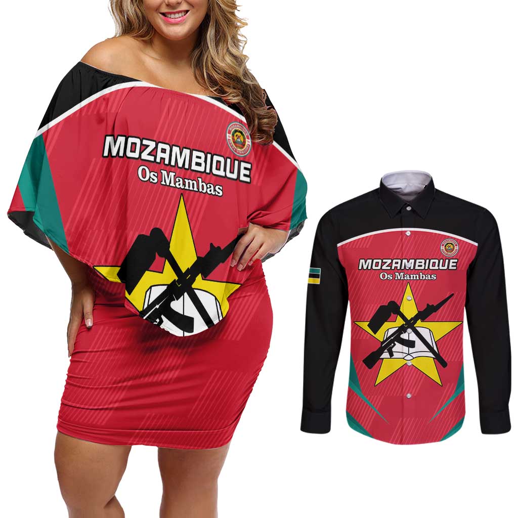 Custom Mozambique Football Couples Matching Off Shoulder Short Dress and Long Sleeve Button Shirt Go Os Mambas - Wonder Print Shop