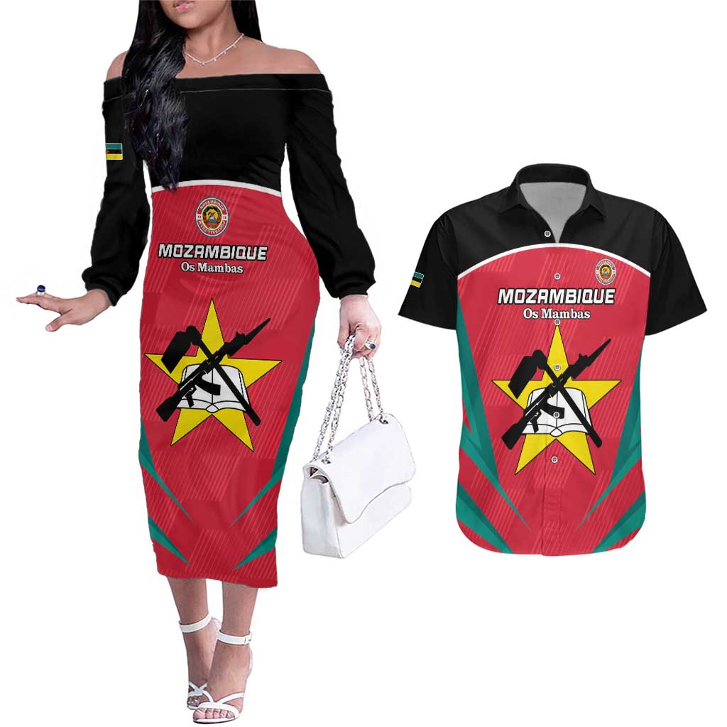Custom Mozambique Football Couples Matching Off The Shoulder Long Sleeve Dress and Hawaiian Shirt Go Os Mambas - Wonder Print Shop