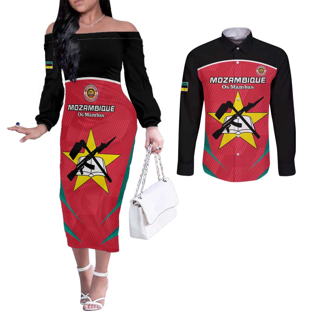 Custom Mozambique Football Couples Matching Off The Shoulder Long Sleeve Dress and Long Sleeve Button Shirt Go Os Mambas