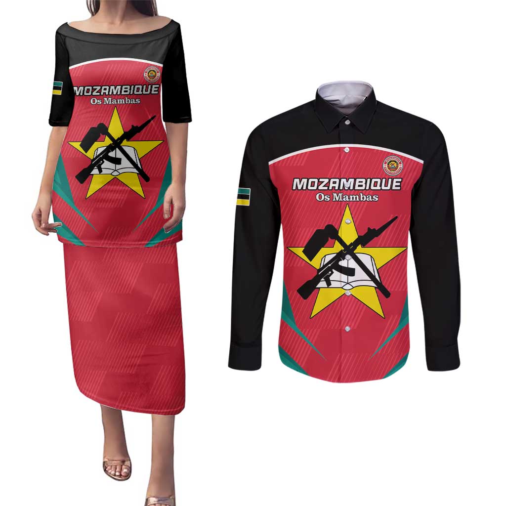 Custom Mozambique Football Couples Matching Puletasi and Long Sleeve Button Shirt Go Os Mambas - Wonder Print Shop