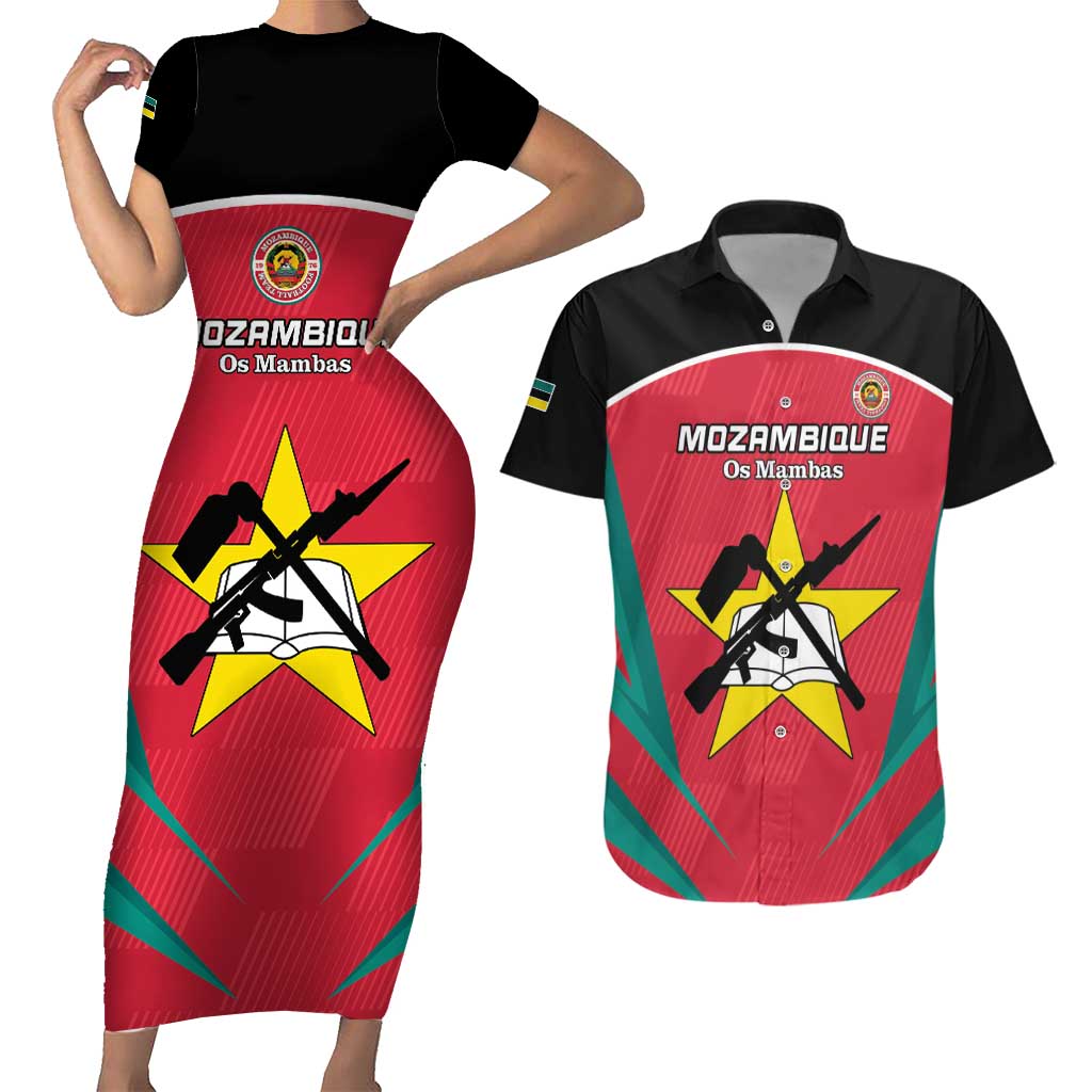 Custom Mozambique Football Couples Matching Short Sleeve Bodycon Dress and Hawaiian Shirt Go Os Mambas - Wonder Print Shop