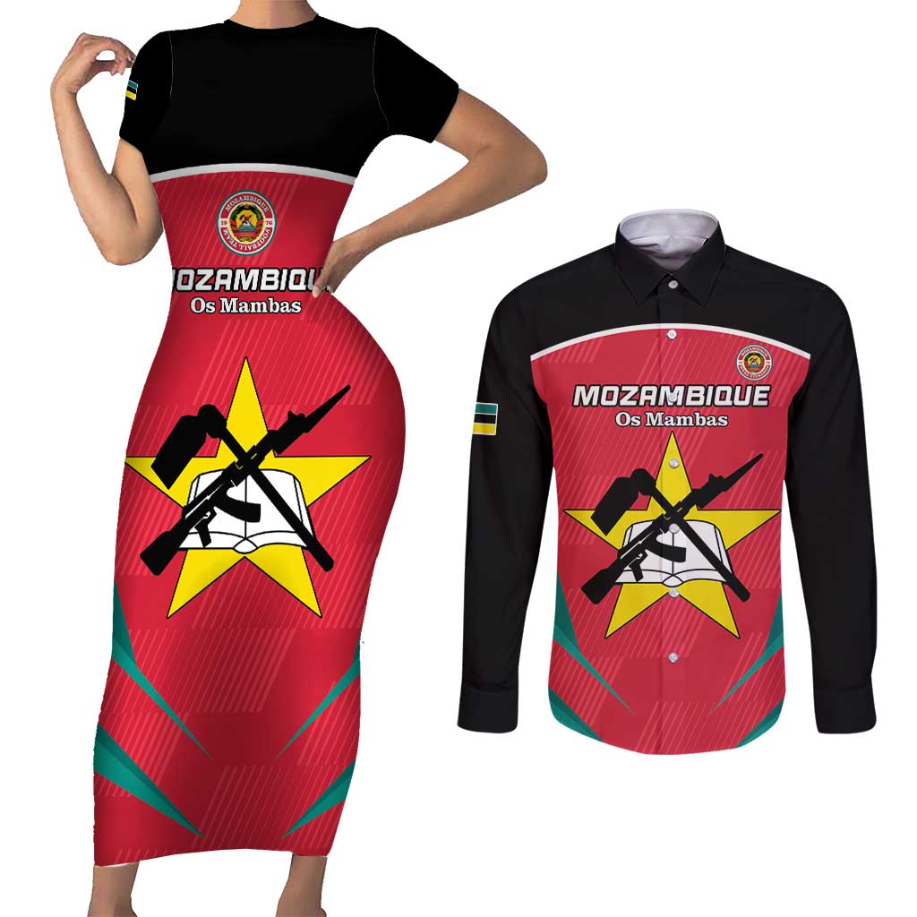 Custom Mozambique Football Couples Matching Short Sleeve Bodycon Dress and Long Sleeve Button Shirt Go Os Mambas - Wonder Print Shop
