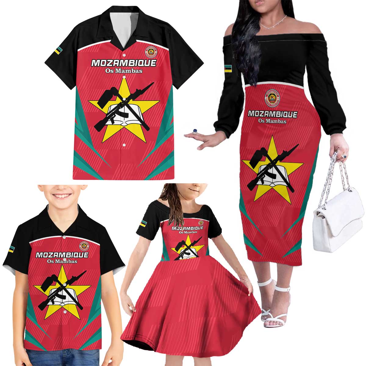 Custom Mozambique Football Family Matching Off The Shoulder Long Sleeve Dress and Hawaiian Shirt Go Os Mambas - Wonder Print Shop