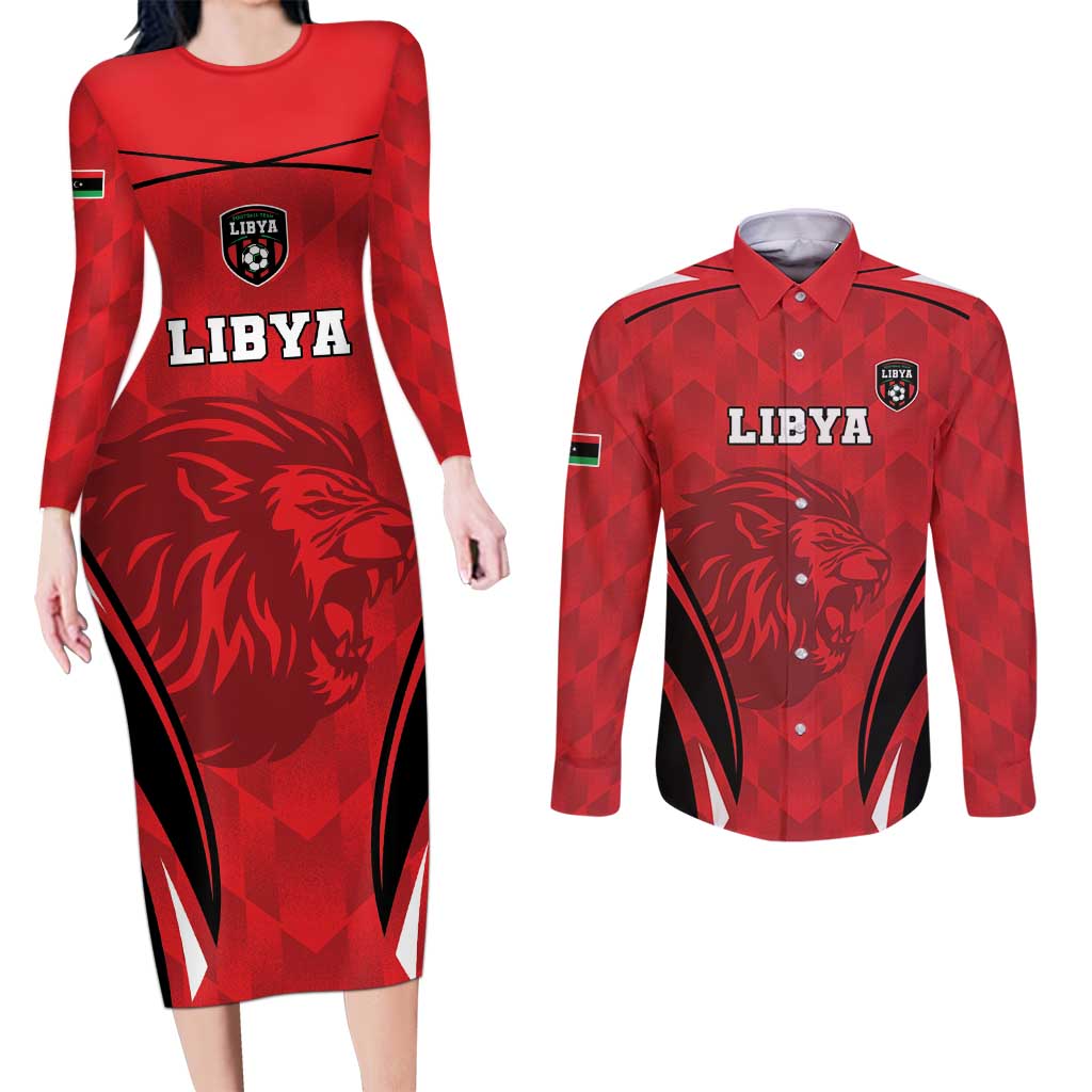 Custom Libya Football Couples Matching Long Sleeve Bodycon Dress and Long Sleeve Button Shirt Go Fursan al-Mutawasit - Wonder Print Shop