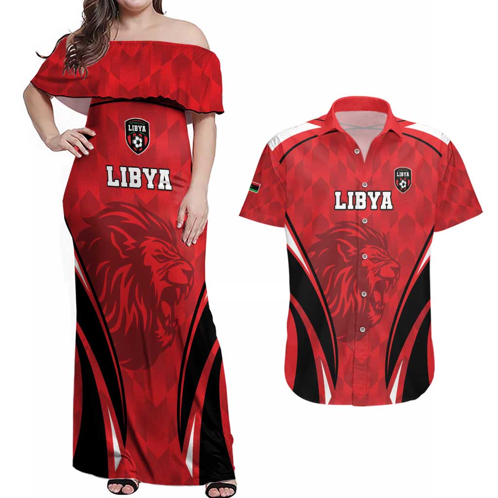 Custom Libya Football Couples Matching Off Shoulder Maxi Dress and Hawaiian Shirt Go Fursan al-Mutawasit - Wonder Print Shop