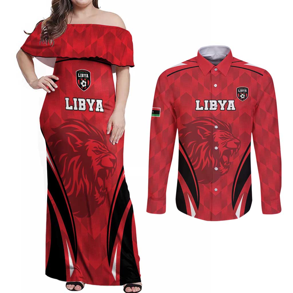 Custom Libya Football Couples Matching Off Shoulder Maxi Dress and Long Sleeve Button Shirt Go Fursan al-Mutawasit - Wonder Print Shop
