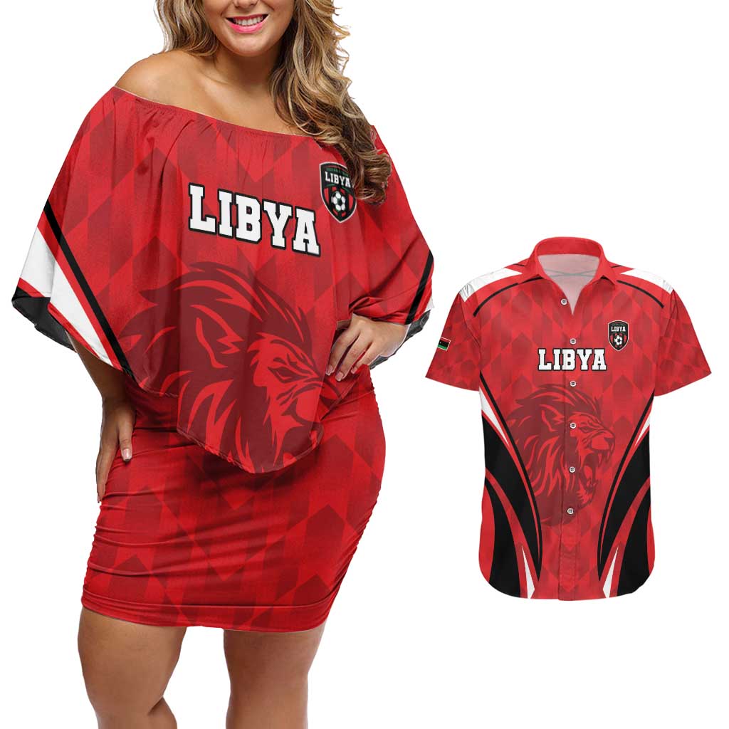 Custom Libya Football Couples Matching Off Shoulder Short Dress and Hawaiian Shirt Go Fursan al-Mutawasit - Wonder Print Shop