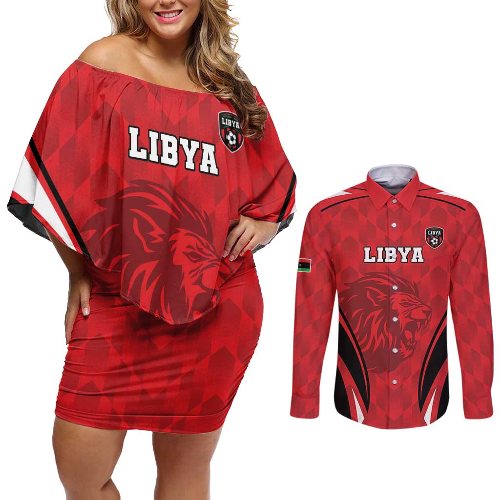 Custom Libya Football Couples Matching Off Shoulder Short Dress and Long Sleeve Button Shirt Go Fursan al-Mutawasit - Wonder Print Shop