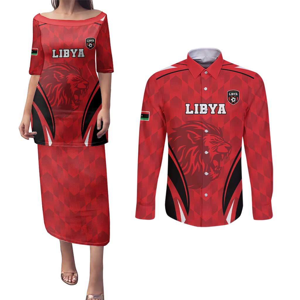 Custom Libya Football Couples Matching Puletasi and Long Sleeve Button Shirt Go Fursan al-Mutawasit - Wonder Print Shop