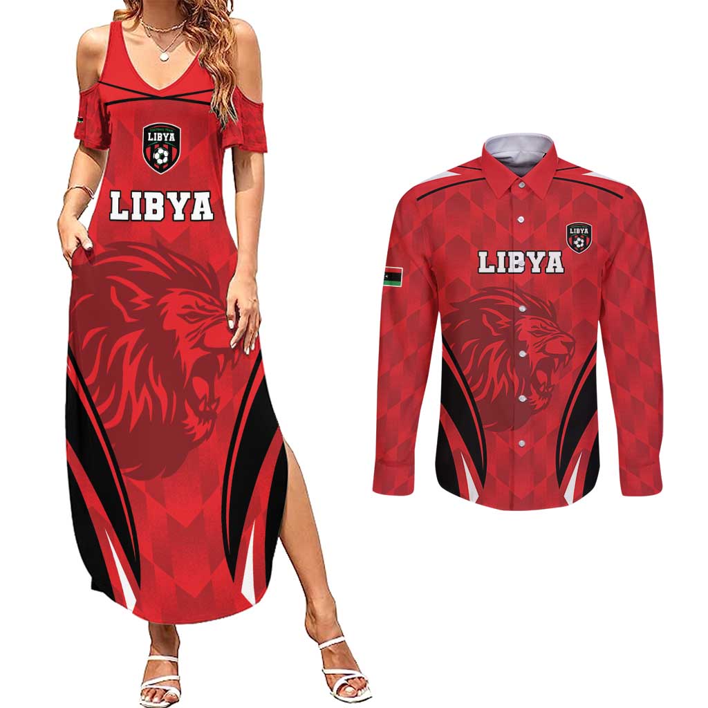 Custom Libya Football Couples Matching Summer Maxi Dress and Long Sleeve Button Shirt Go Fursan al-Mutawasit - Wonder Print Shop