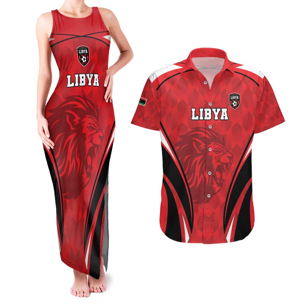 Custom Libya Football Couples Matching Tank Maxi Dress and Hawaiian Shirt Go Fursan al-Mutawasit - Wonder Print Shop